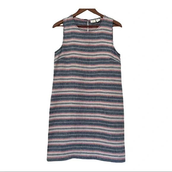 St. Tropez West 100% Linen Womens Shift Dress Size 6 Chambray Blue Red Stripes St. Tropez West 100% Linen Womens Shift Dress Size 6 Chambray Blue Red Stripes